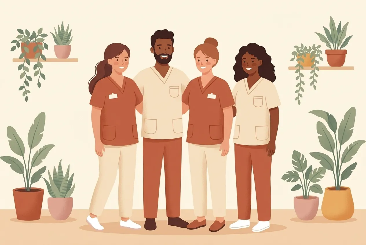 A warm, multilingual group of Canela nurses and caregivers standing together