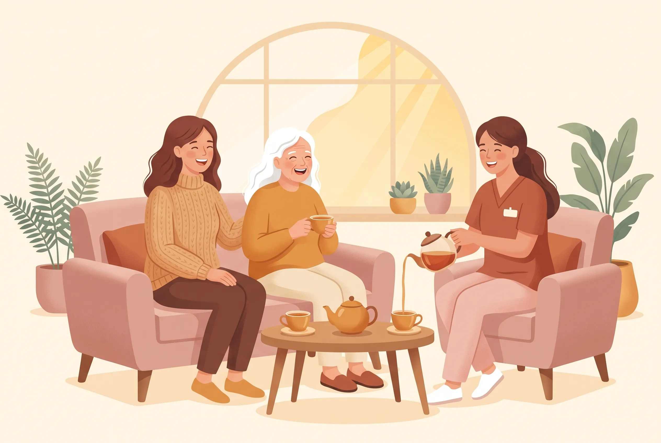 A daughter, her elderly mother and a Canela caregiver sharing tea and laughter at home