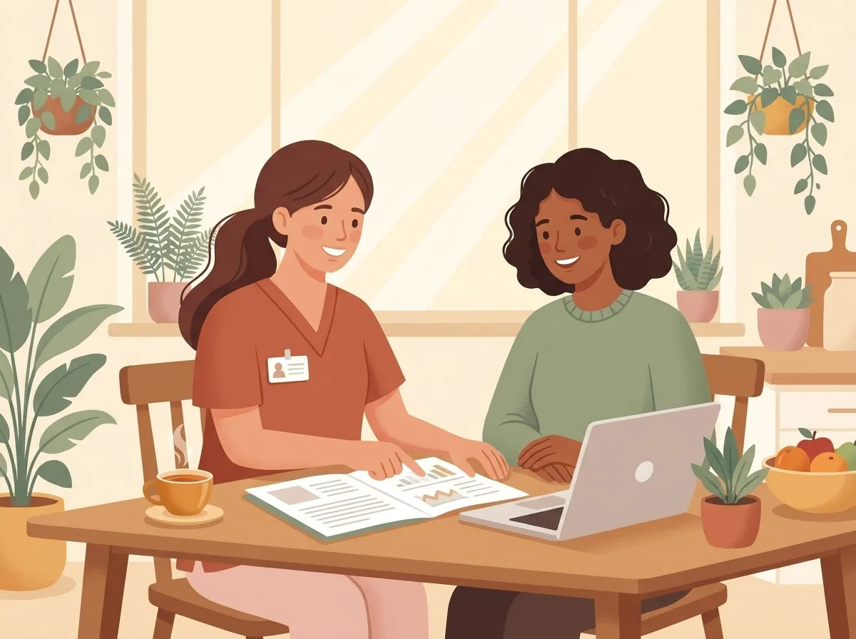 A Canela coordinator sitting at a table, warmly helping a daughter make sense of insurance paperwork