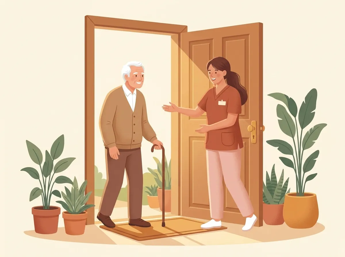 A warm Canela caregiver greeting a smiling senior at the front door of her home