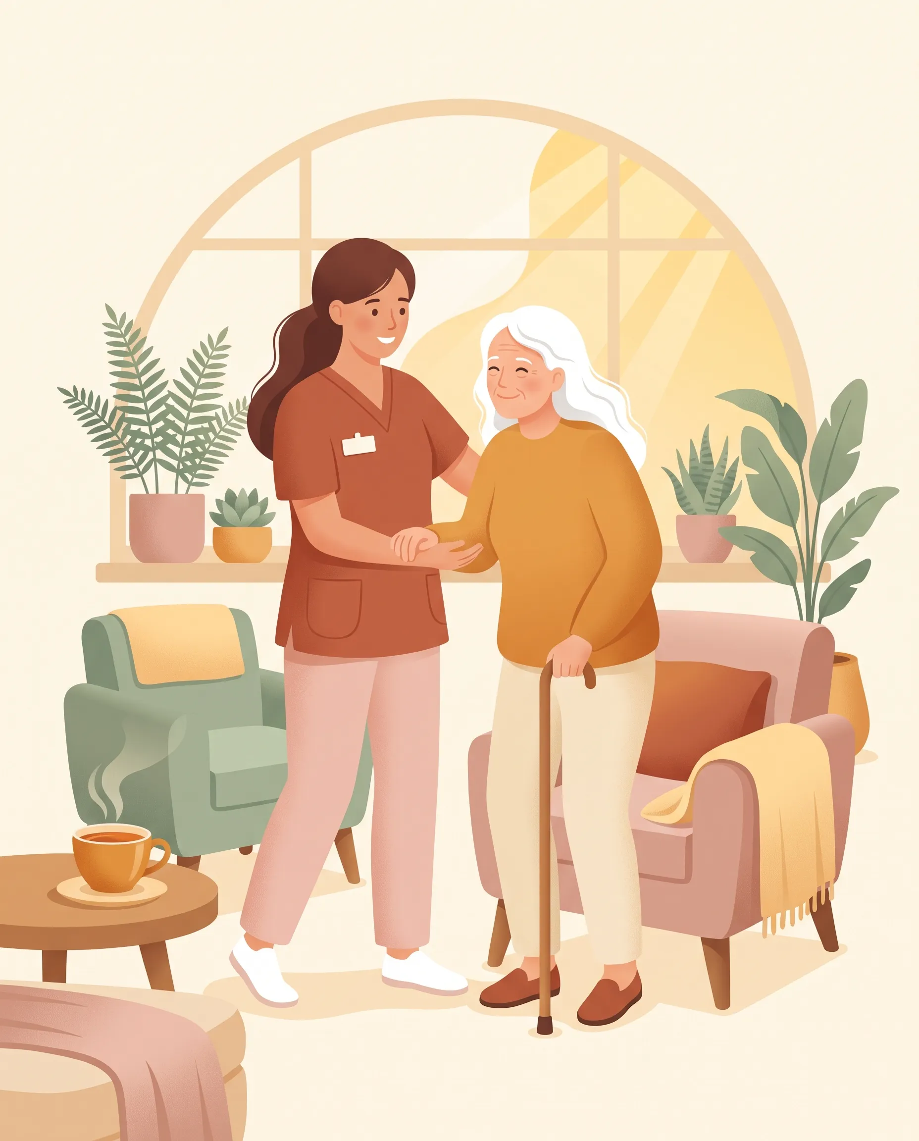 A Canela caregiver gently helping a smiling senior woman stand in her sunlit living room