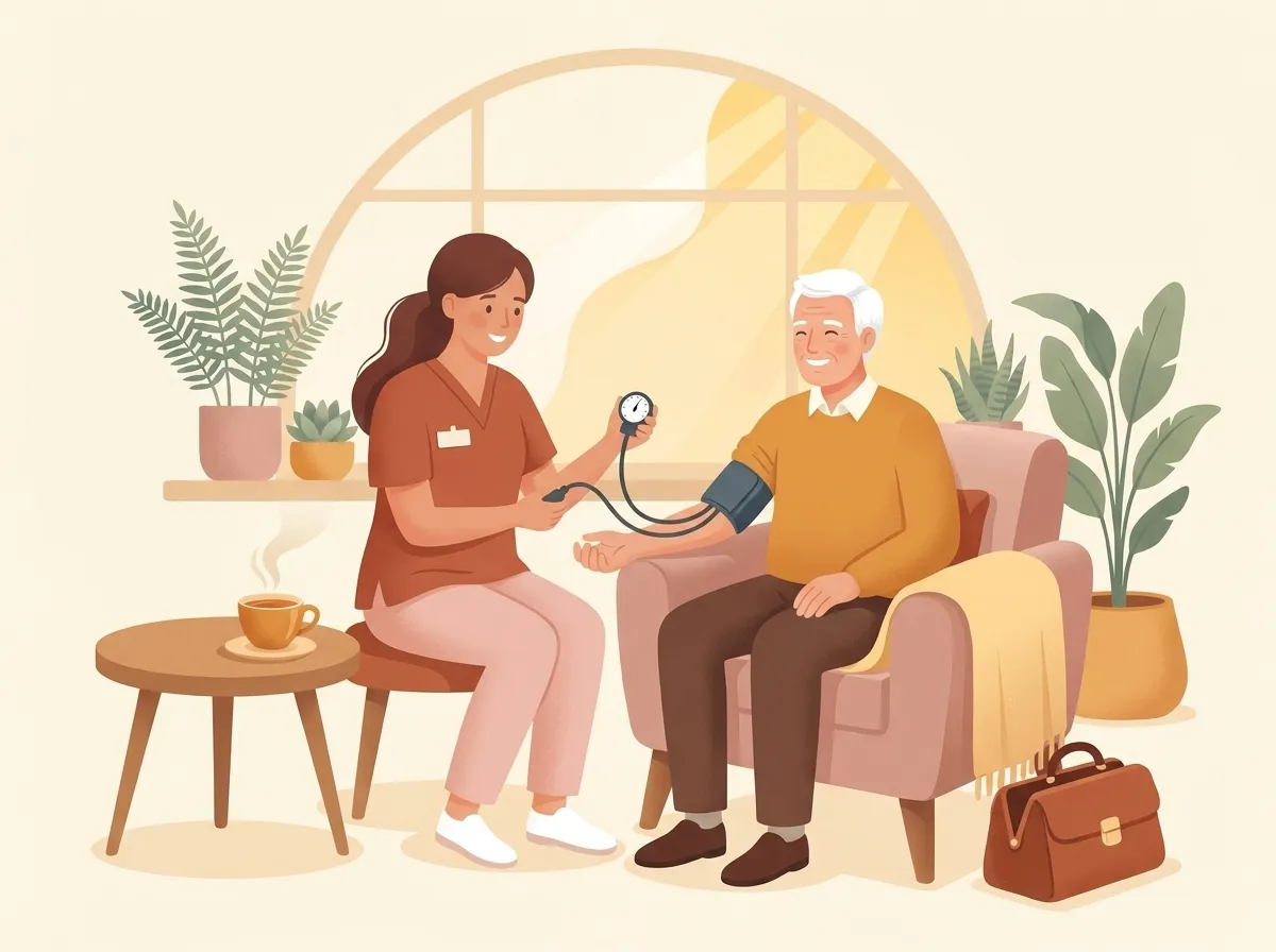 A nurse checking on an elderly man at home