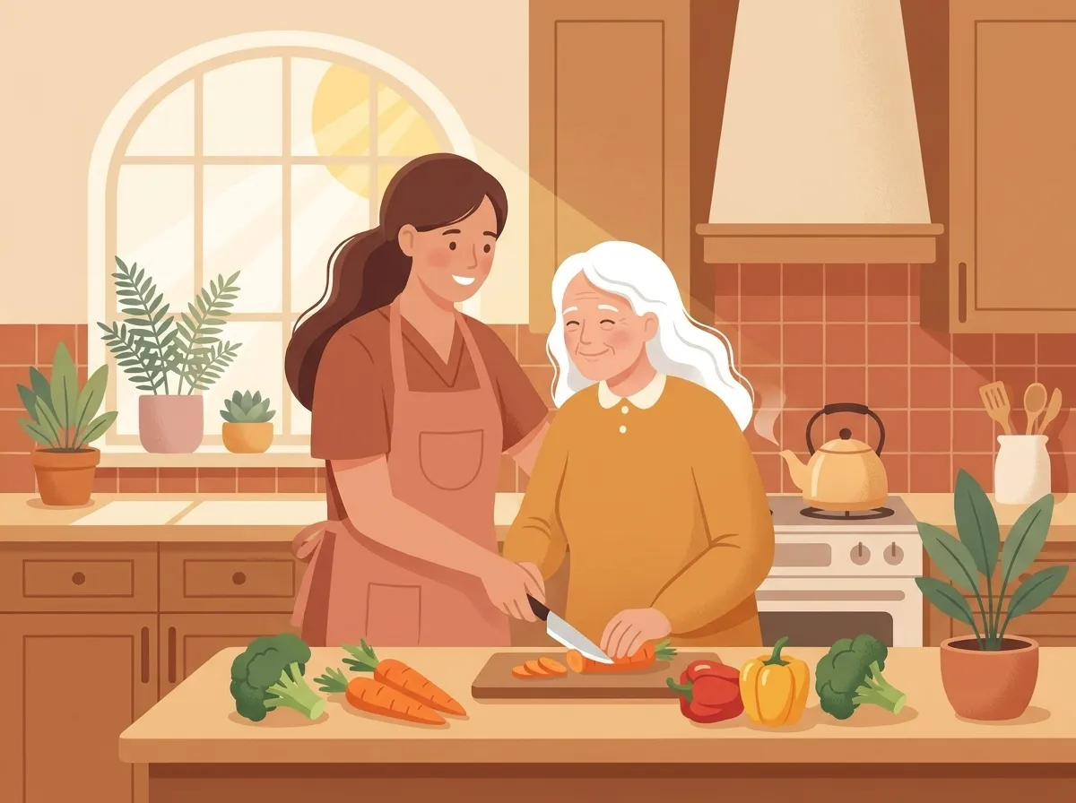 A caregiver helping an elderly woman prepare a meal at home